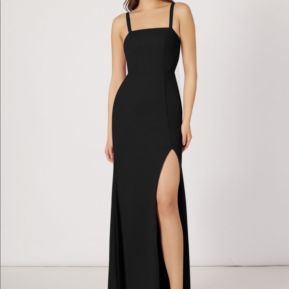 Azazie bridesmaid dress Gianetta in black. spaghetti straps and high slit.